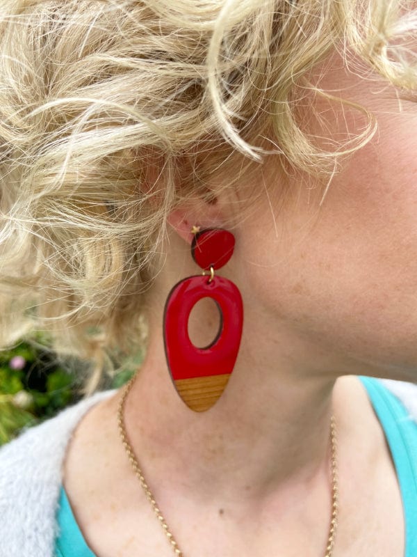 Large Oval Wood Earrings in Red, Pink, Blue & Mustard Earrings The Messy Brunette