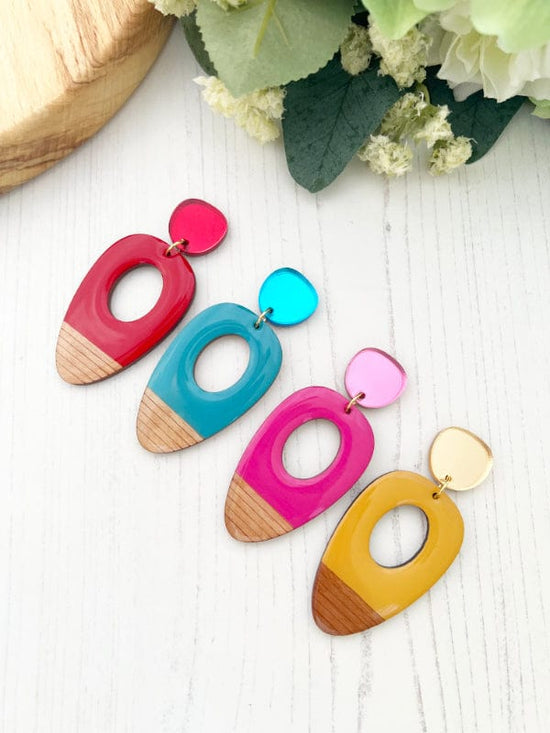 Large Oval Wood Earrings in Red, Pink, Blue & Mustard Earrings The Messy Brunette