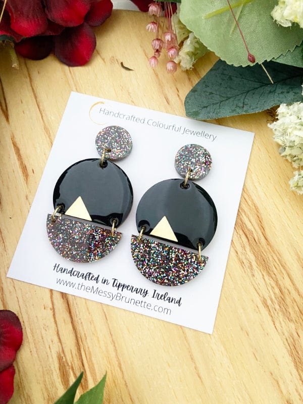 Sparkle Dangle Earrings in Black, Green & Pink Lasercut Glitter Balloons Black The Messy Brunette