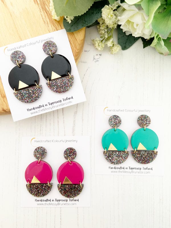 Sparkle Dangle Earrings in Black, Green & Pink Lasercut Glitter Balloons The Messy Brunette