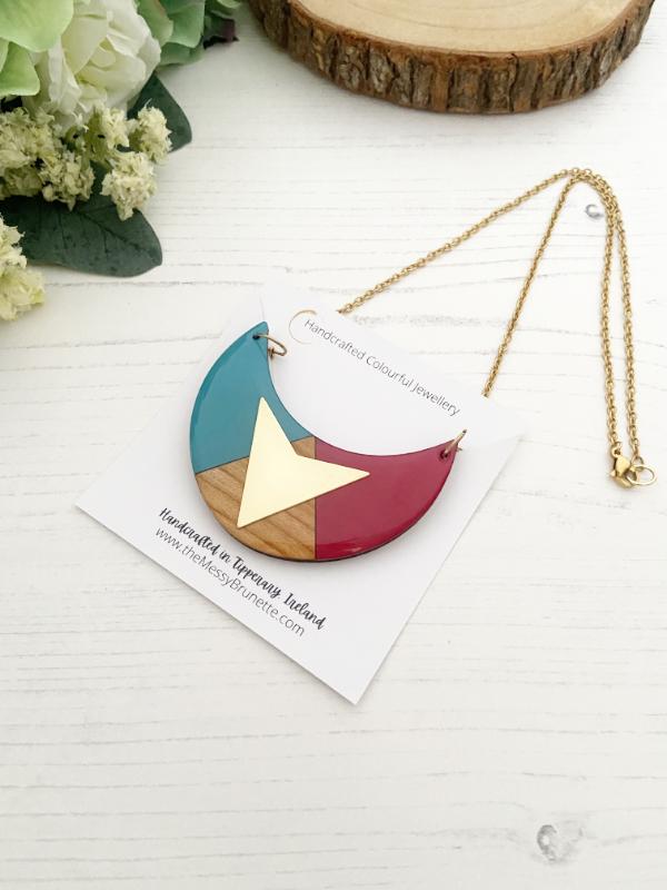 Wooden Arc Necklaces in 2 Tone Colours in shades of berry pink & turquoise blue